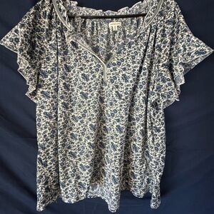 Max Studio Blue Floral Ruffle Sleeve Blouse